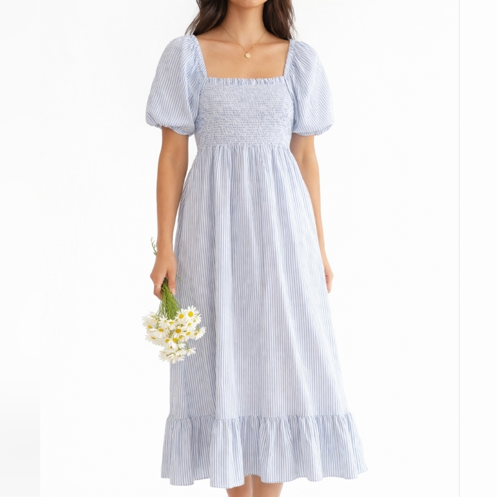 J. Crew Womens Petite Small Blue Stripe Smocked Midi Dress Cotton Cottagecore